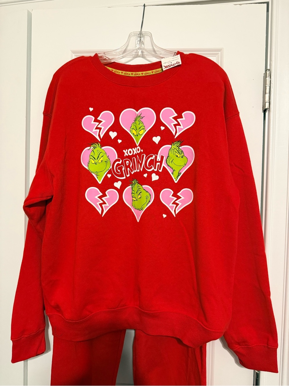 Dr. Seuss Red Grinch Graphic Crewneck Sweater and pants with Pink Hearts